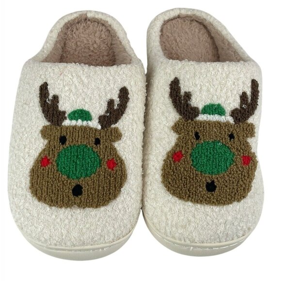 Christmas Reindeer House Slippers Soft Plush Warm Indoor Outdoor W 9-9.5 Green - Picture 1 of 8